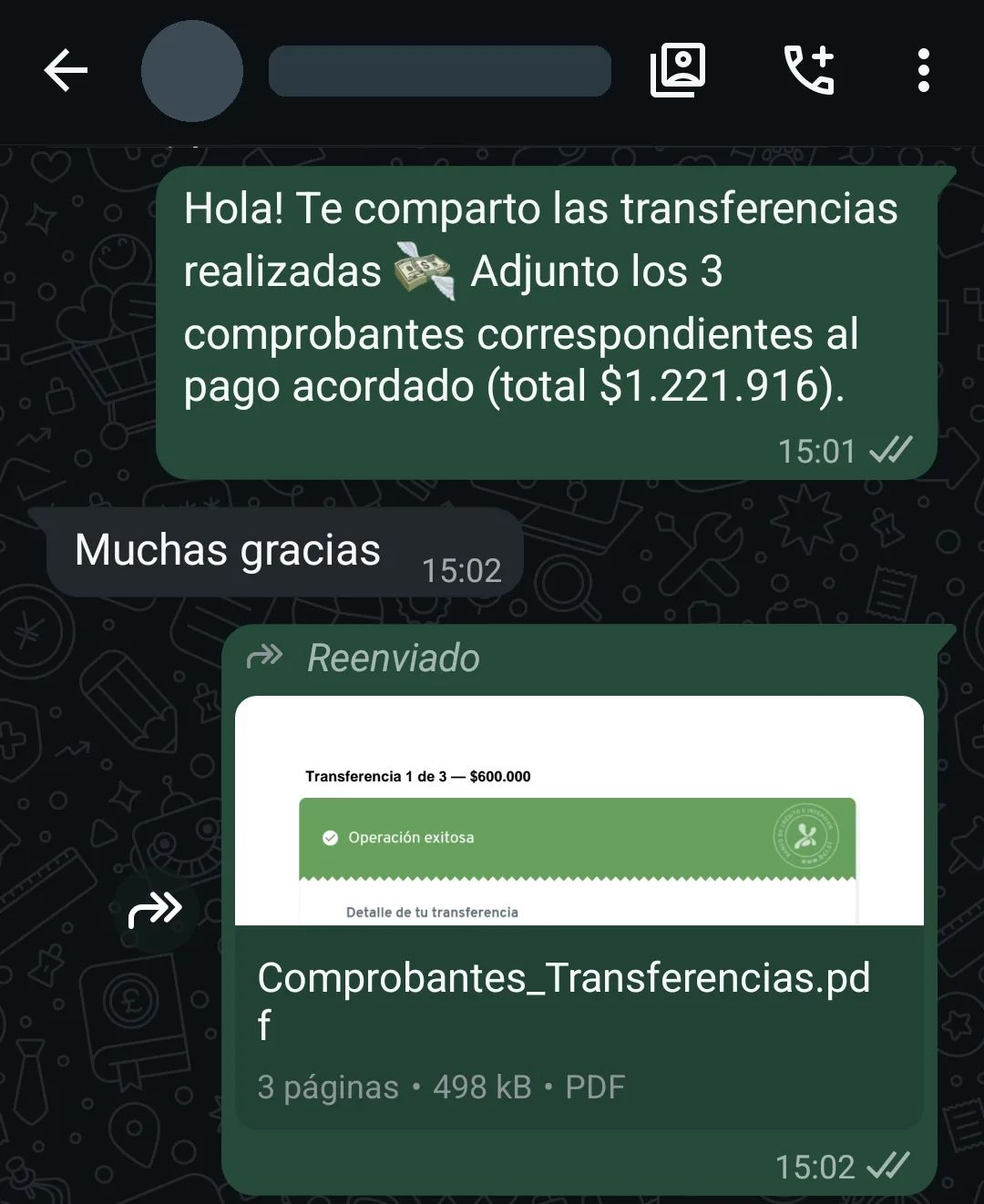 Conversación de WhatsApp donde EnPesos envía a un cliente el detalle de las transferencias realizadas por un total de $1.221.916 y un PDF con 3 comprobantes con estado Operación exitosa. El cliente responde: Muchas gracias.