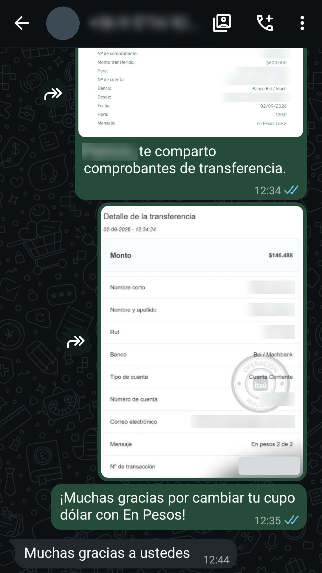 Conversación de WhatsApp donde EnPesos envía a una clienta dos comprobantes de transferencia del 2 de septiembre de 2026, por $600.000 y $146.488. La clienta responde: Muchas gracias a ustedes.